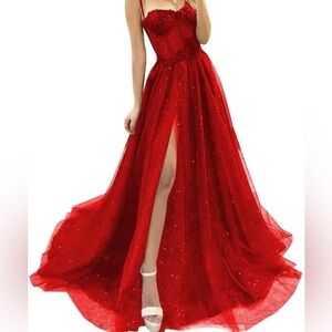 Sparkly Red Tulle Dress Spaghetti Straps Lace with Slit